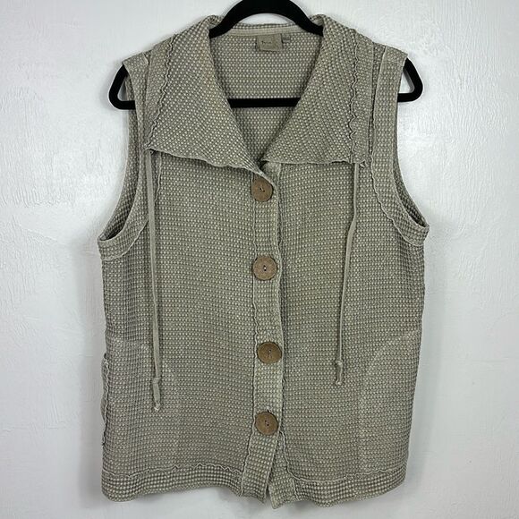 Focus Jackets & Blazers - Focus Vintage 90s Sleeveless Cotton Textured Waffle Knit Vest In Beige Size L